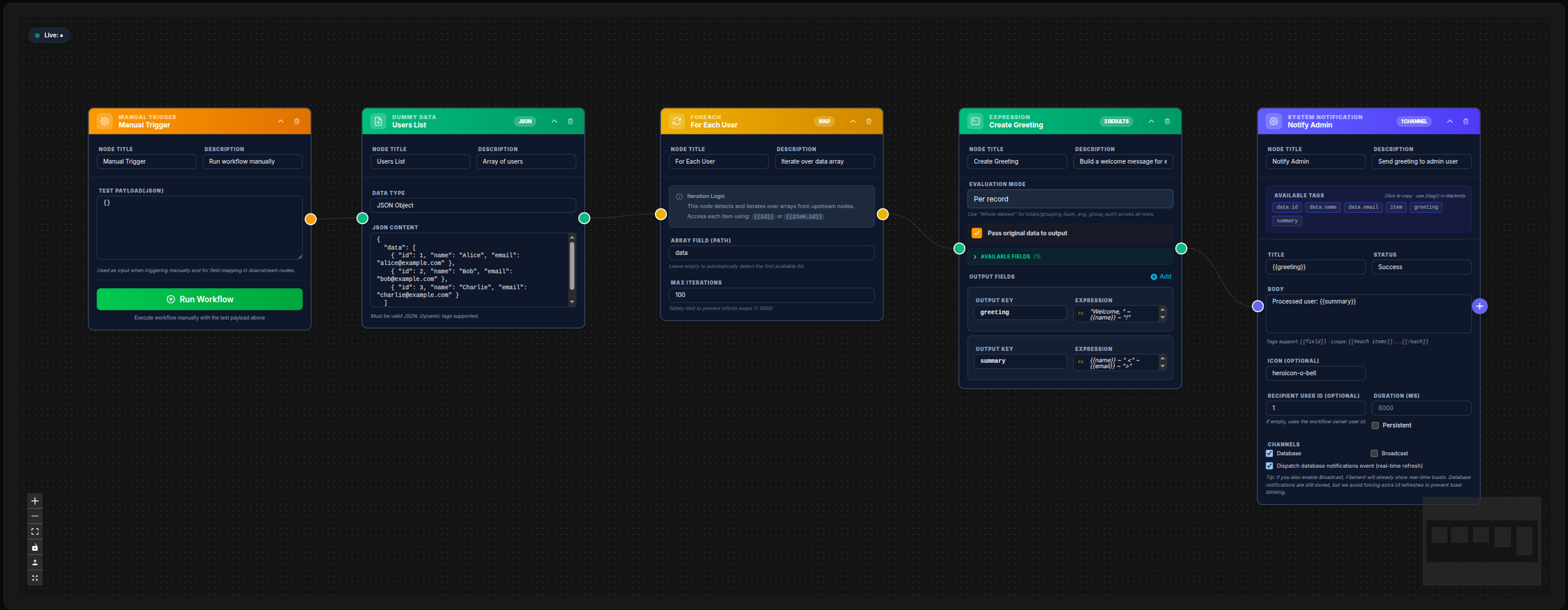 ForEach node — iterate users and create greetings