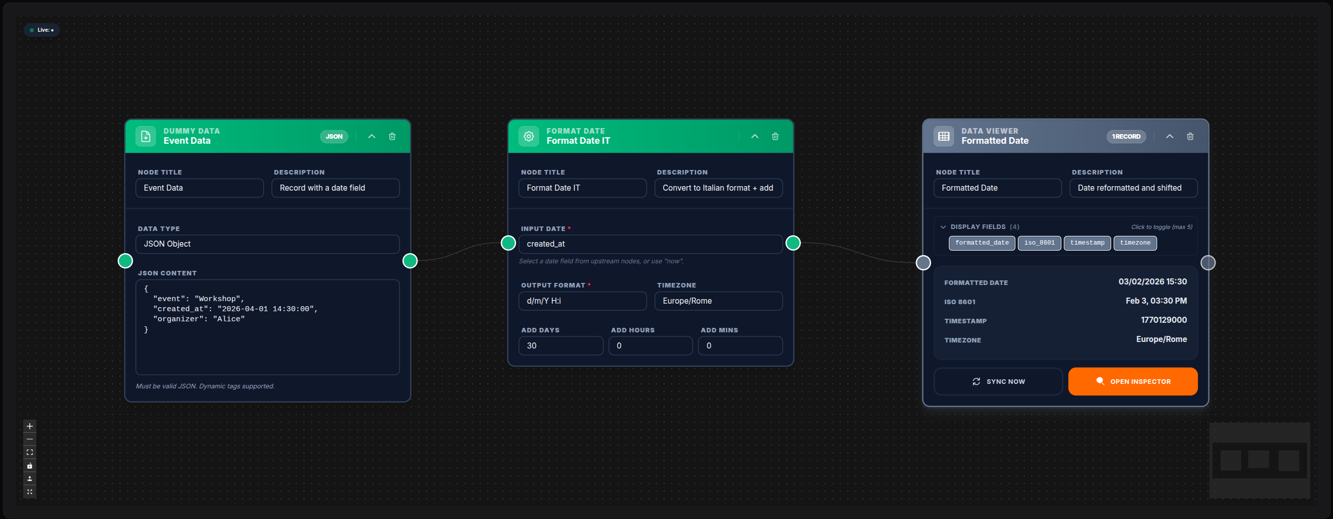 Format Date node — date formatting examples