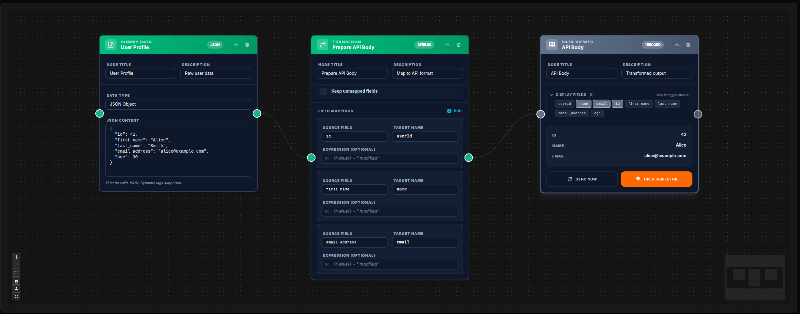 Transform node — API body transformation