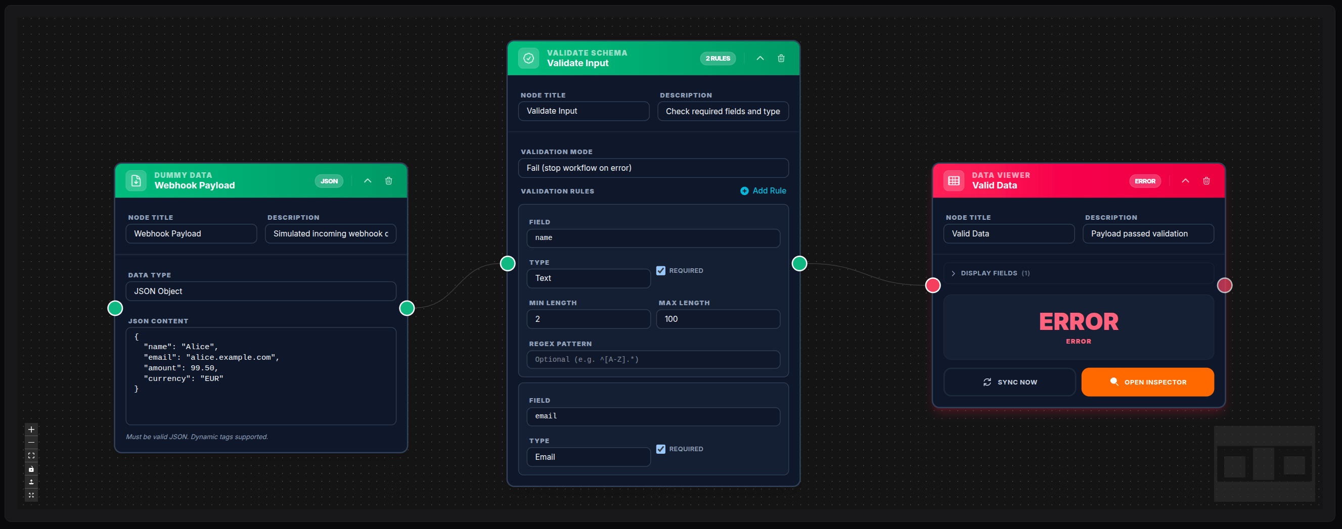 Validate Schema node — webhook input validation