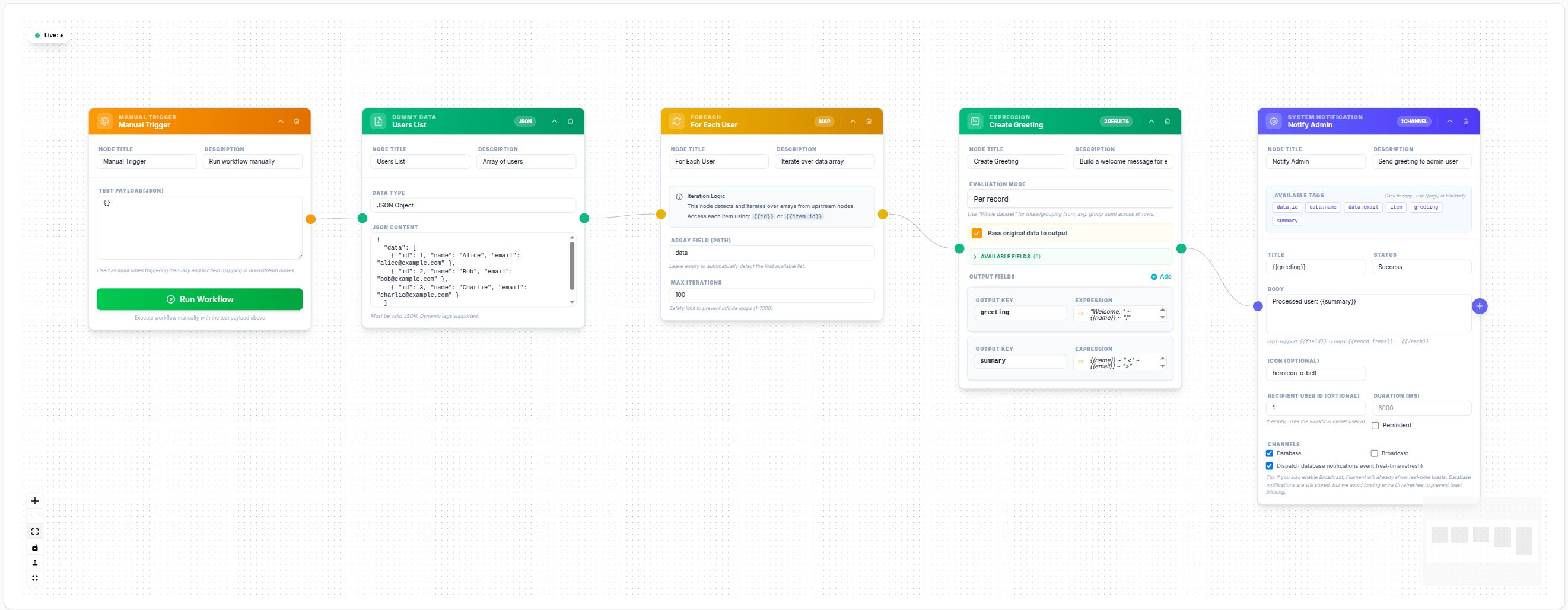 ForEach node — iterate users and create greetings
