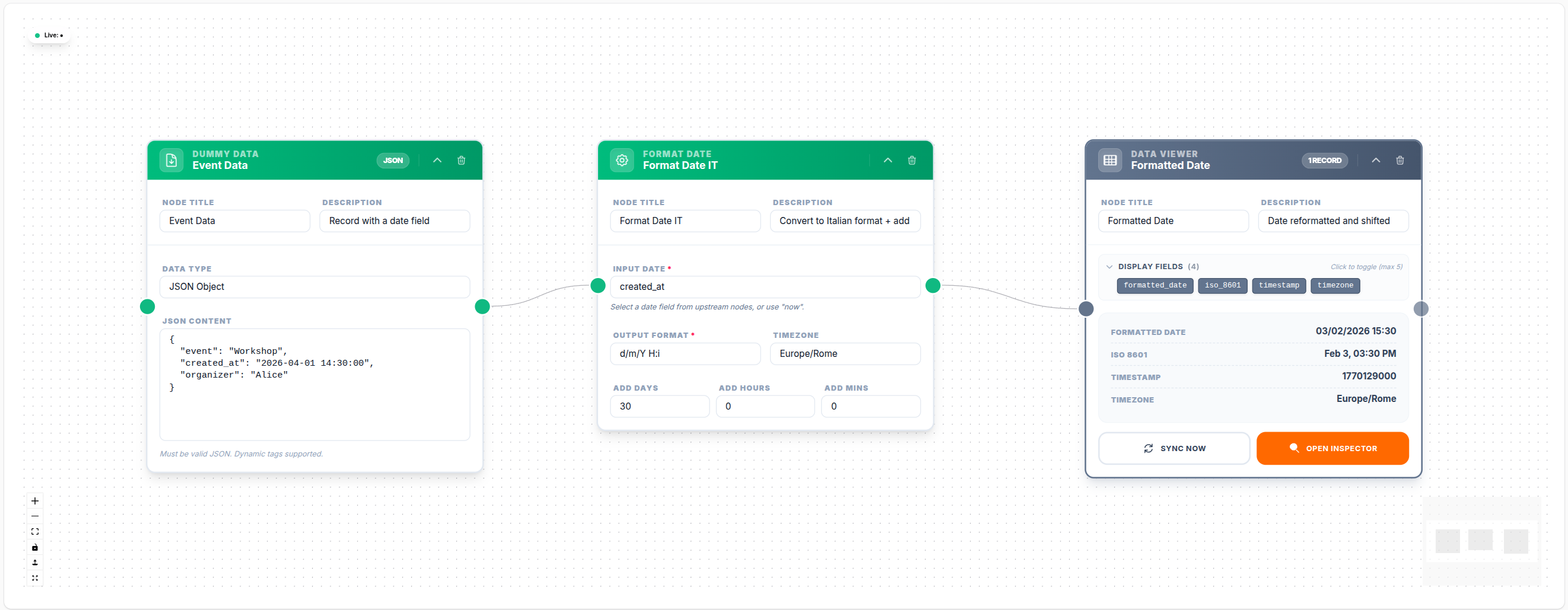 Format Date node — date formatting examples