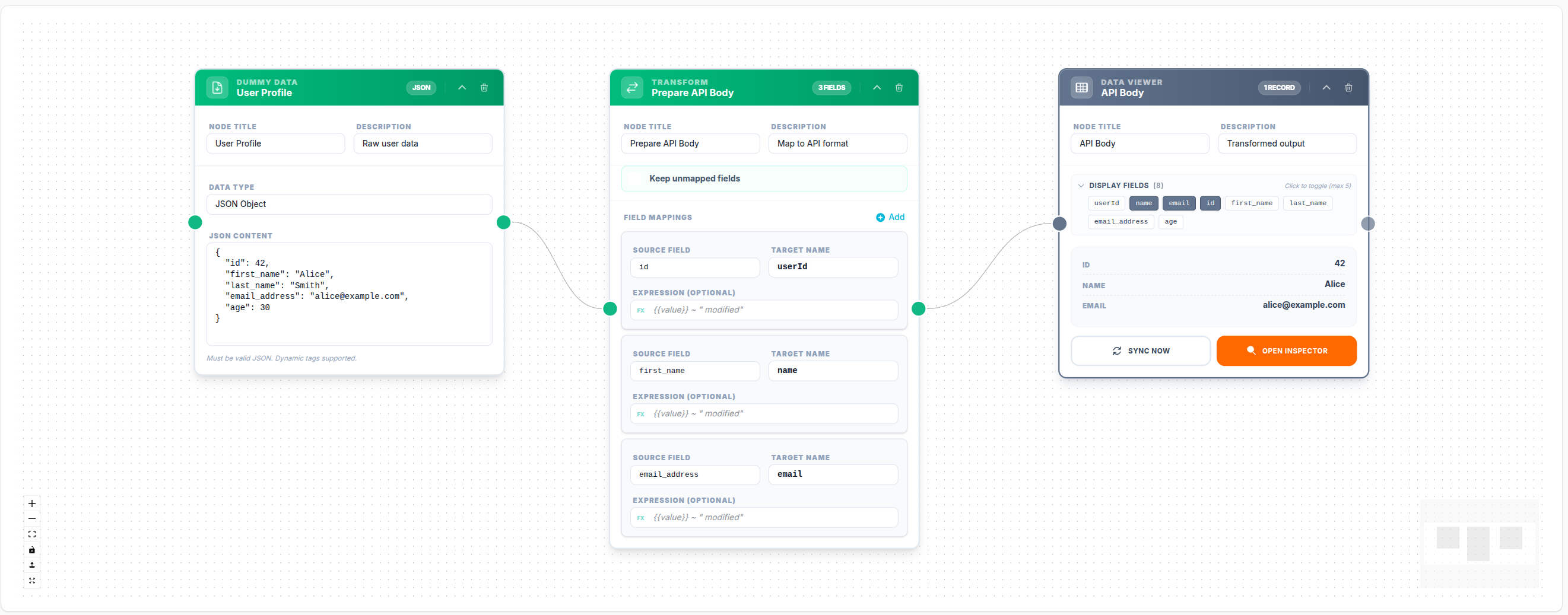 Transform node — API body transformation