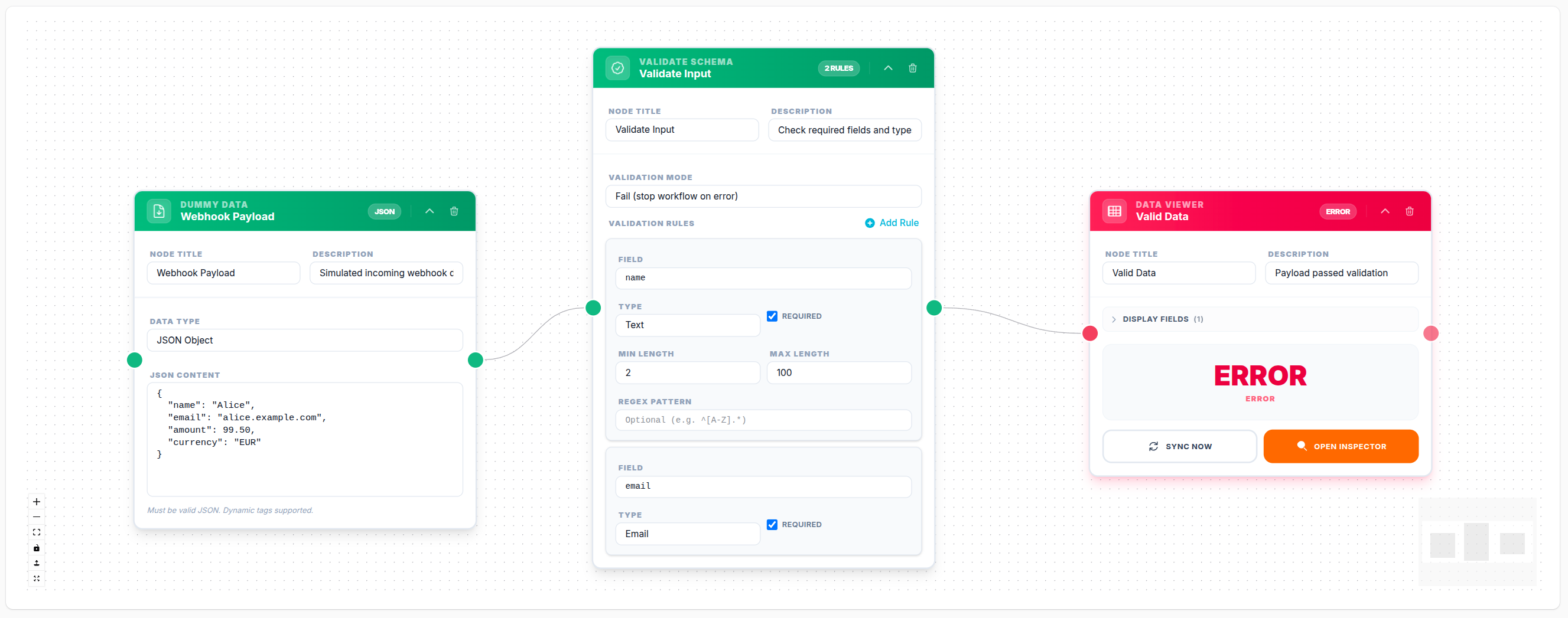 Validate Schema node — webhook input validation